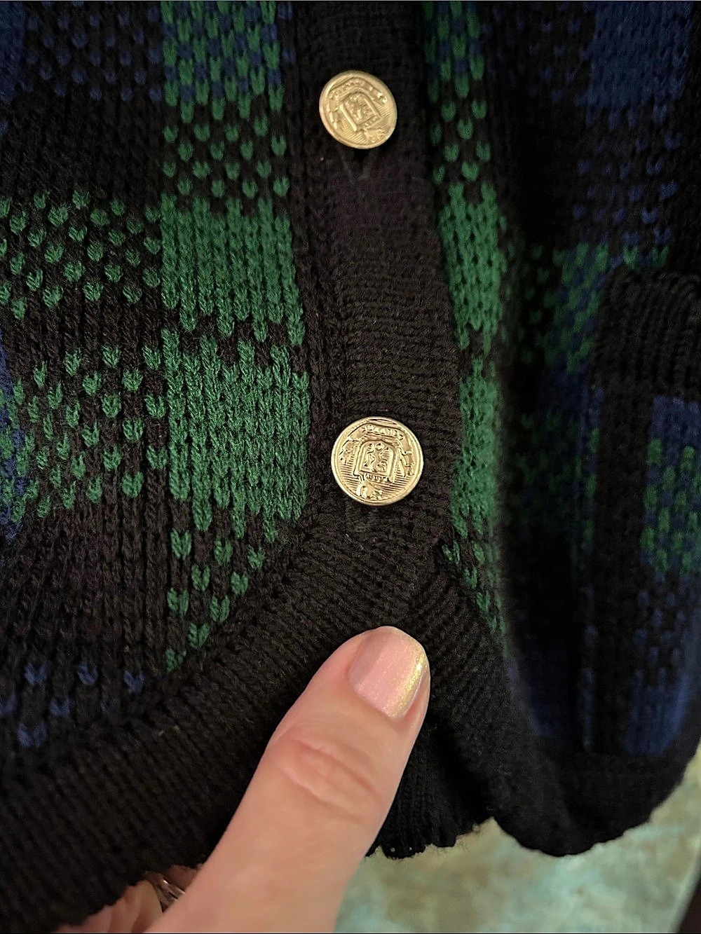 Tally-Ho Creation Sz S Blackwatch Tartan Plaid Cardigan in Green & Blue - Gold B - Picture 4 of 6